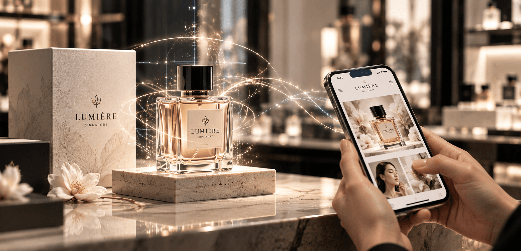 A boutique perfume product connected to its mobile storefront through a network of light