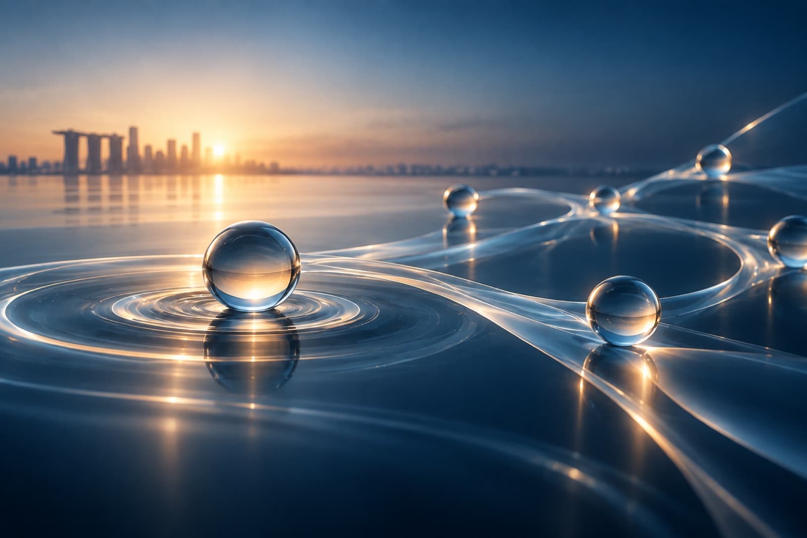 Connected glass spheres over water with the Singapore skyline at sunrise