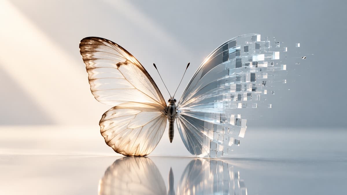 A butterfly with one half organic wing and one half translucent, pixel-like wing