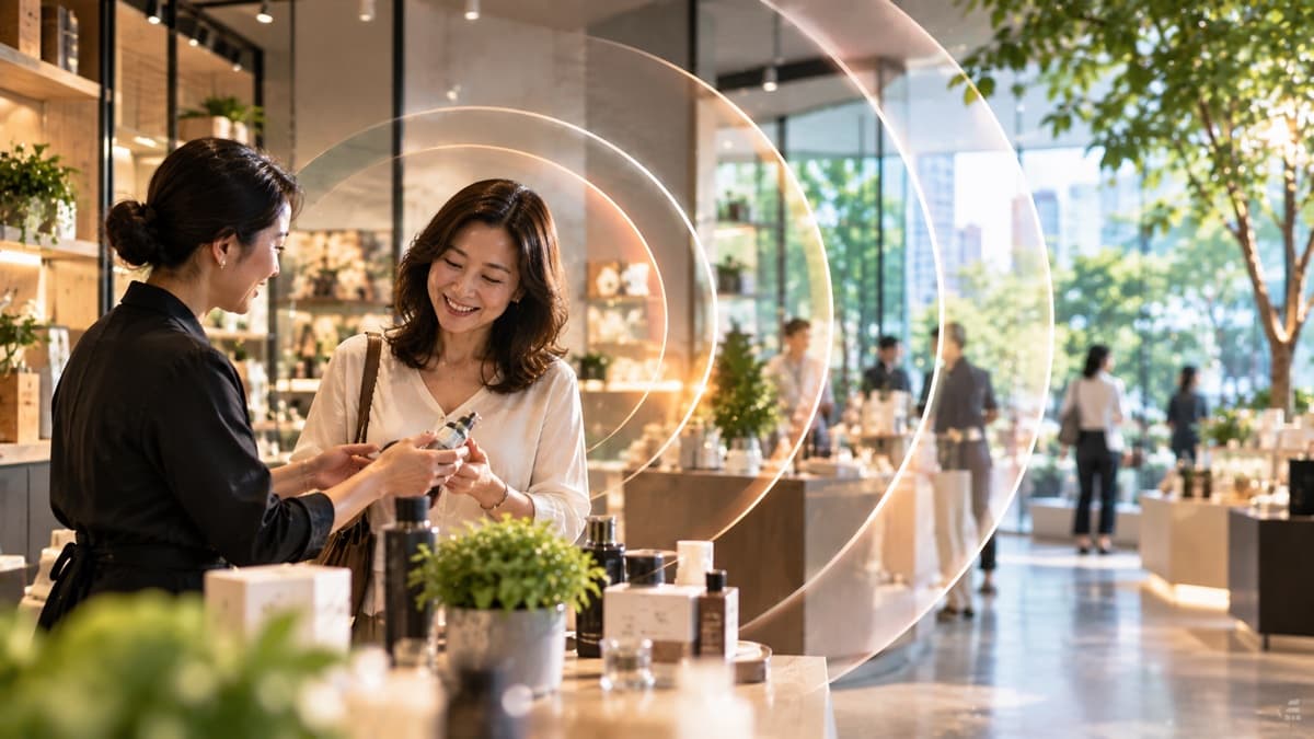 A retail associate helping a customer, with a signal of expanding reach