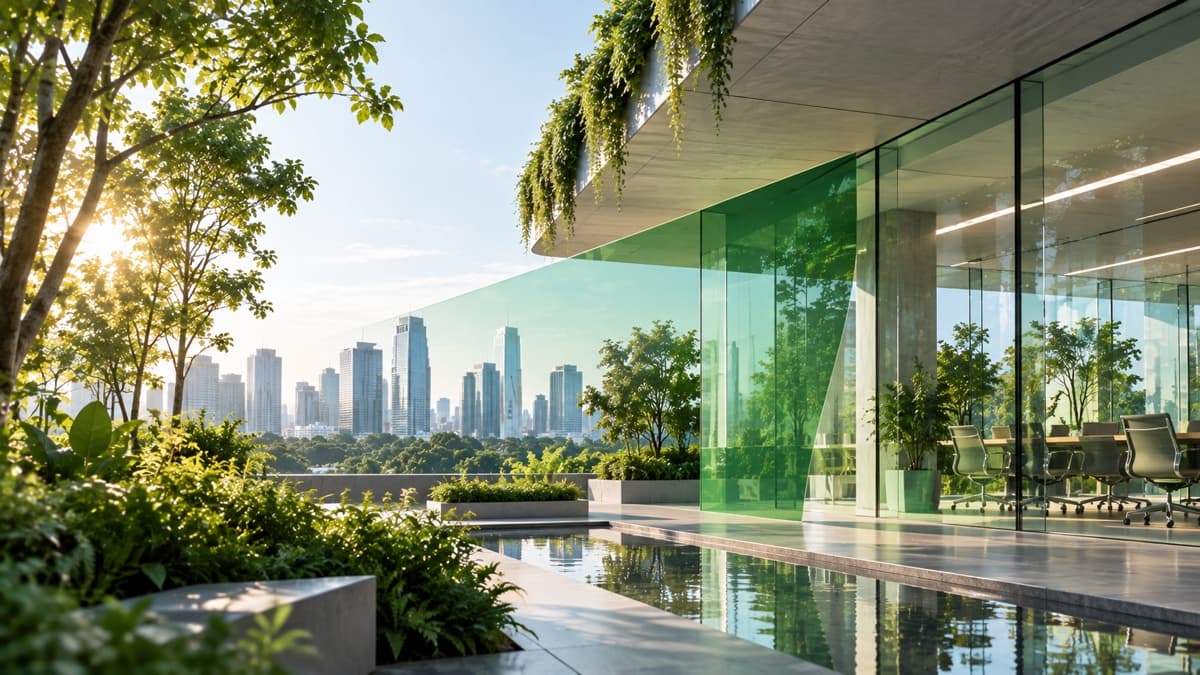 A glass office building with lush greenery overlooking a city skyline