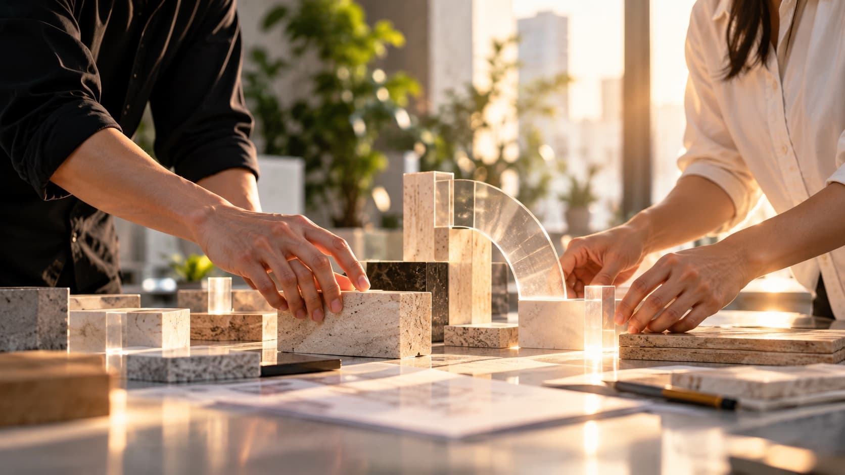 Two people assembling a structure of stone and glass blocks together on a sunlit table